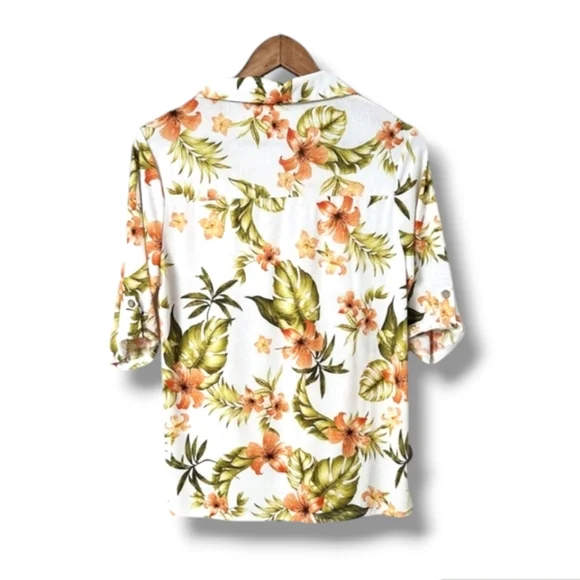NAIF Tropical Floral Print Roll-Tab Tie Front Casual Top - Picture 7 of 8
